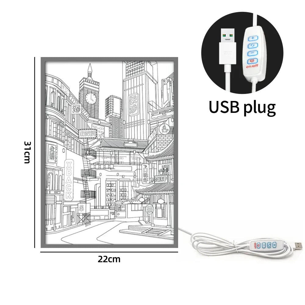 LED Beautiful City Night View Light Painting,HD Picture Narrow Bezel Usb Plug Dimming Romantic Home Decorations Night Lamp