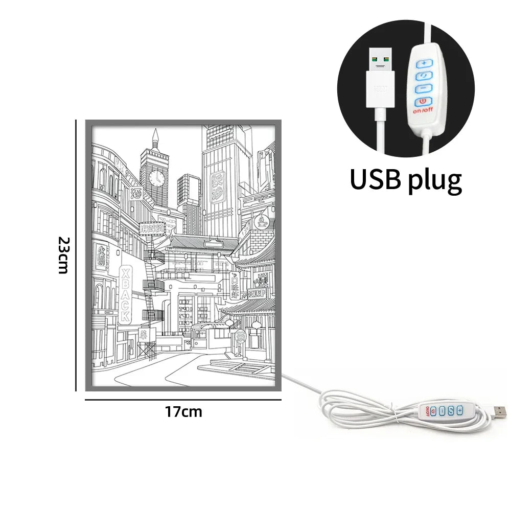 LED Beautiful City Night View Light Painting,HD Picture Narrow Bezel Usb Plug Dimming Romantic Home Decorations Night Lamp