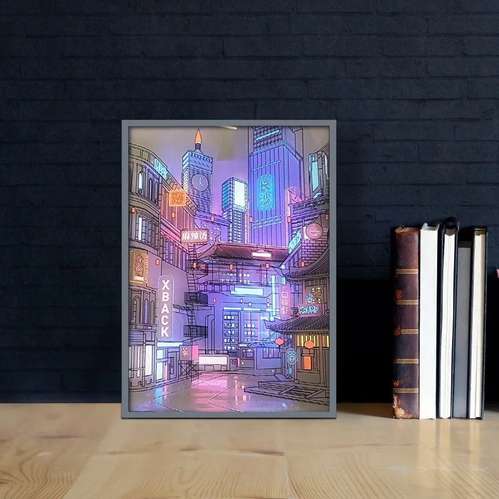 LED Beautiful City Night View Light Painting,HD Picture Narrow Bezel Usb Plug Dimming Romantic Home Decorations Night Lamp