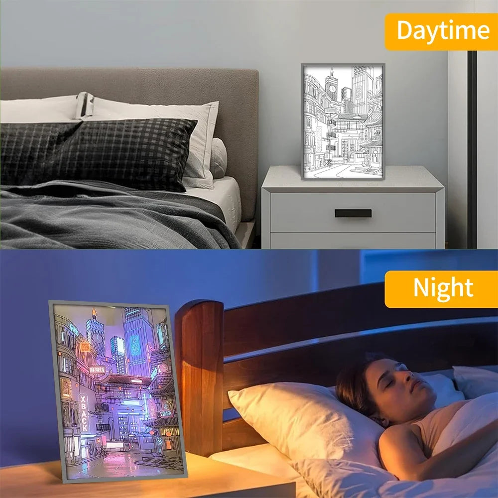 LED Beautiful City Night View Light Painting,HD Picture Narrow Bezel Usb Plug Dimming Romantic Home Decorations Night Lamp